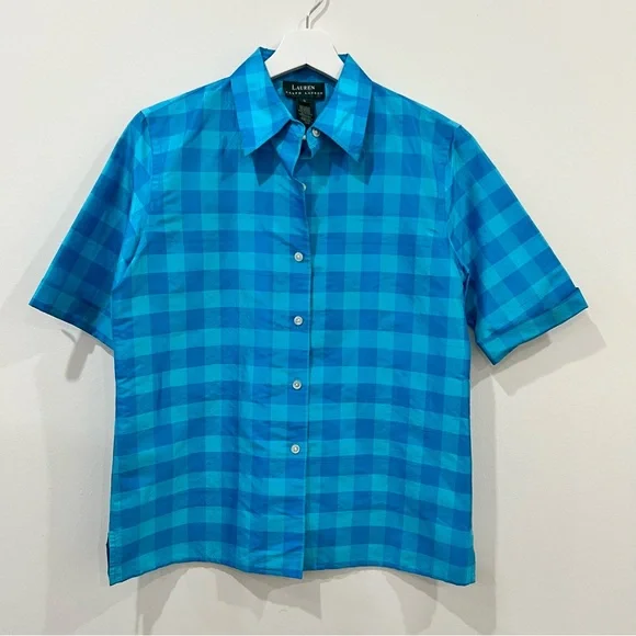 Lauren Ralph Lauren Blue Checkered Silk Blouse Women’s Small Great Condition - Picture 1 of 10